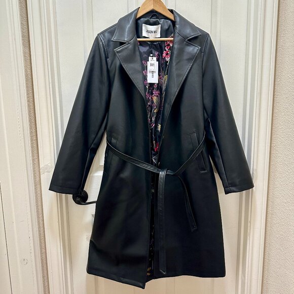 Jason Wu Women's Faux Leather Long Jacket Size M Black Button Closure Belted NEW - Picture 15 of 16